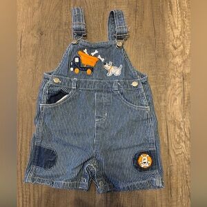 Toddler Boy Vintage Y2K Shortalls Overalls Dog Trucks Construction Pinstripe 18M